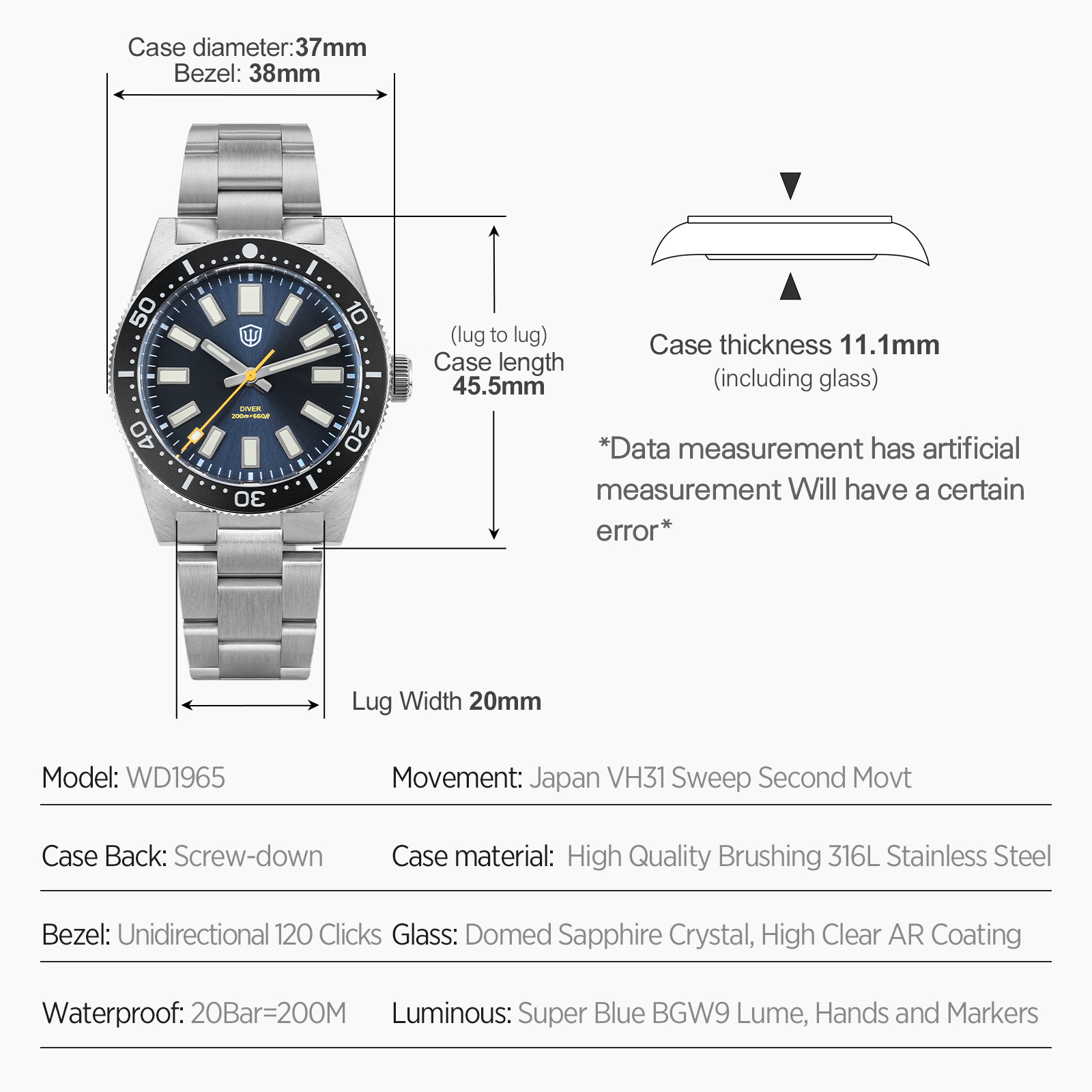 Watchdives 37Mm WD1965 V2 Man  - Luxury Watch Display 评论和价格